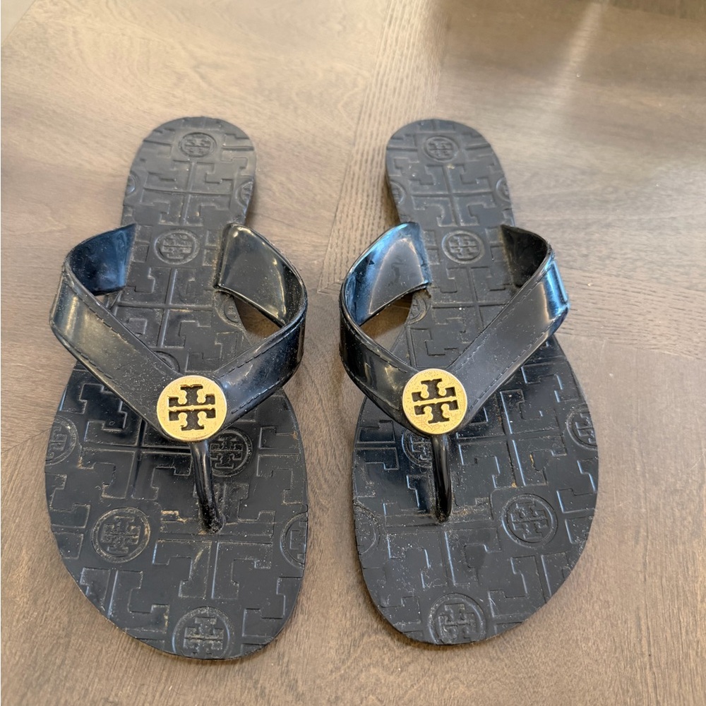 Tory Burch Black Jelly Thong Sandals with Gold Logo - “Thora” - size 7